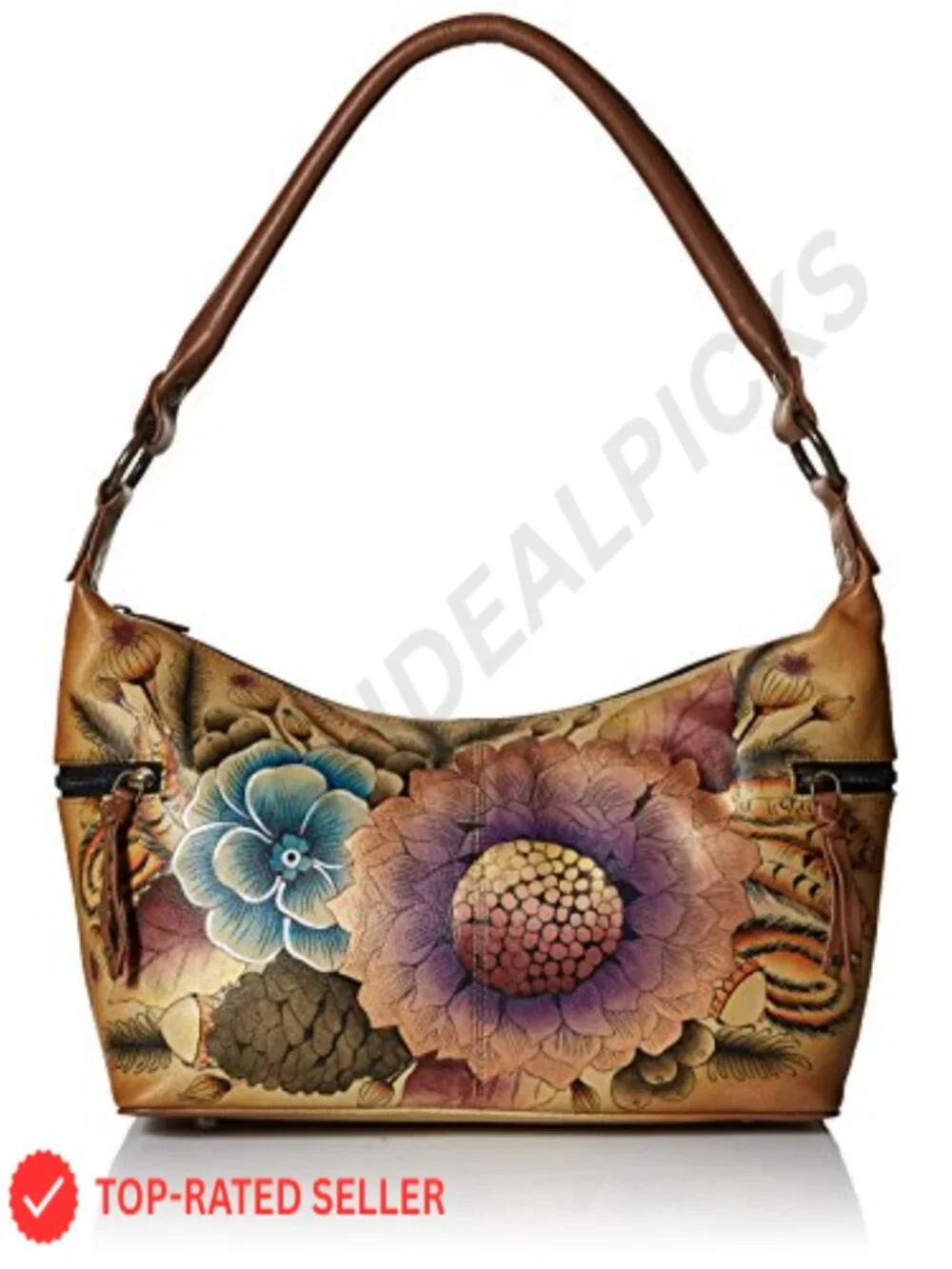 Genuine Leather Hand Painted Hobo Bag, Zip-Top Shoulder Bag